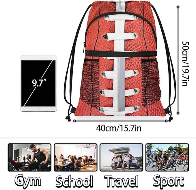 Football Laces Drawstring Backpack,Waterproof Sports Gym Bag with Shoes Compartment and Bottle Holder,Travel Tote Bags for Beach,Swimming,Yoga Gifts