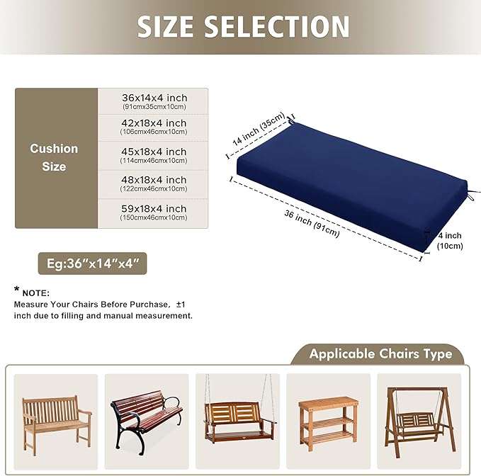 Outdoor Bench Cushion Waterproof 48"x18" – Fade-Resistant Patio Furniture Cushion with Ties for Porch Swing, Loveseat, or Indoor Bench Replacement, Navy Blue