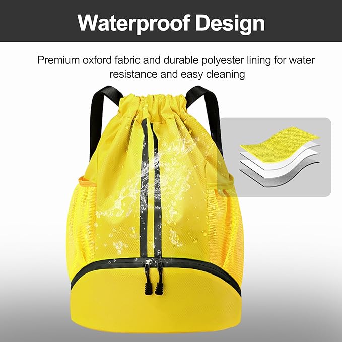 Hoedia Sports Drawstring Backpack - String Swim Gym Bag with Shoes Compartment and Wet Proof Pocket for Women/Men (Yellow)