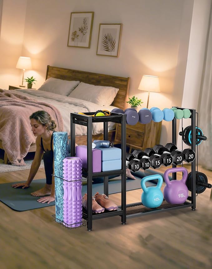 3-Tier Dumbbell Rack Stand Only - Adjustable Weight Rack for Home Gym, Heavy-Duty Weight Stand for Dumbbells Kettlebells Foam Roller Yoga Mats, Workout Equipment Storage Organizer With Hooks
