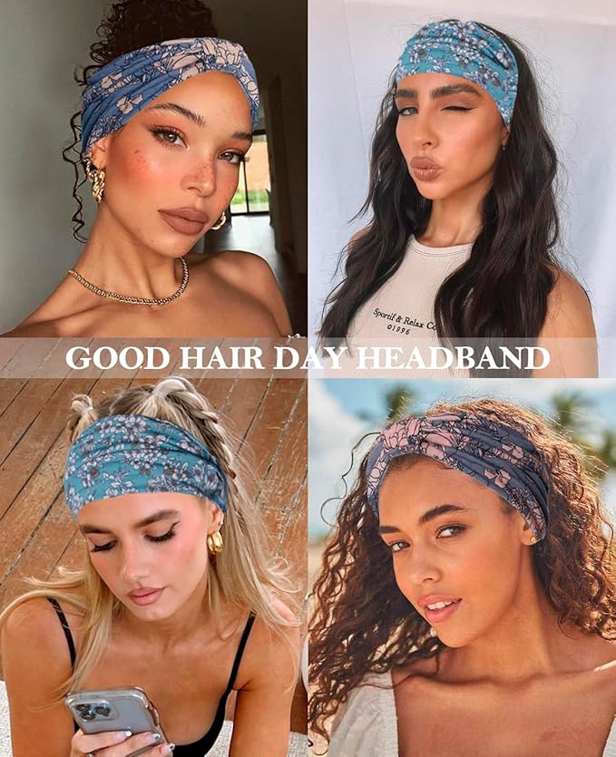 Artilady Boho Headbands for Women-Extra Wide Headband Non Slip Floral Print Head Wrap for Black Women's Hair Soft Elastic Yoga Workout Exercise Bohemian Hair Accessories 6 PCS