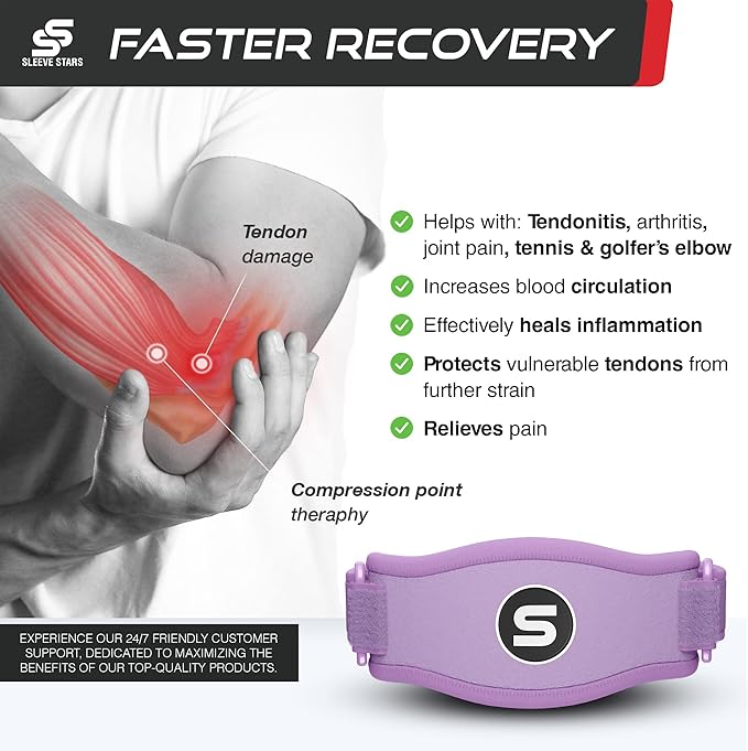 Sleeve Stars Tennis Elbow Brace for Women - Adjustable Tennis Elbow Strap, Golfers Elbow Brace for Men, Counterforce Brace for Tendonitis Relief, Fits 9"-23" (Single/Light Purple)