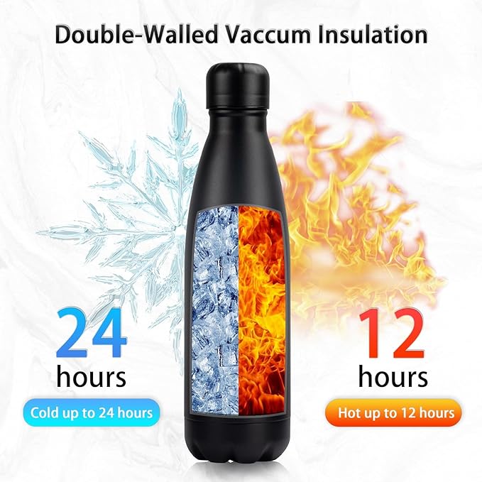Insulated Water Bottle, 17oz Stainless Steel Water Bottles with straw lid, Metal Sports Water Bottles for Boys,Girls, Double Wall Vacuum BPA-Free Flask for School, Sports & Travel-Black