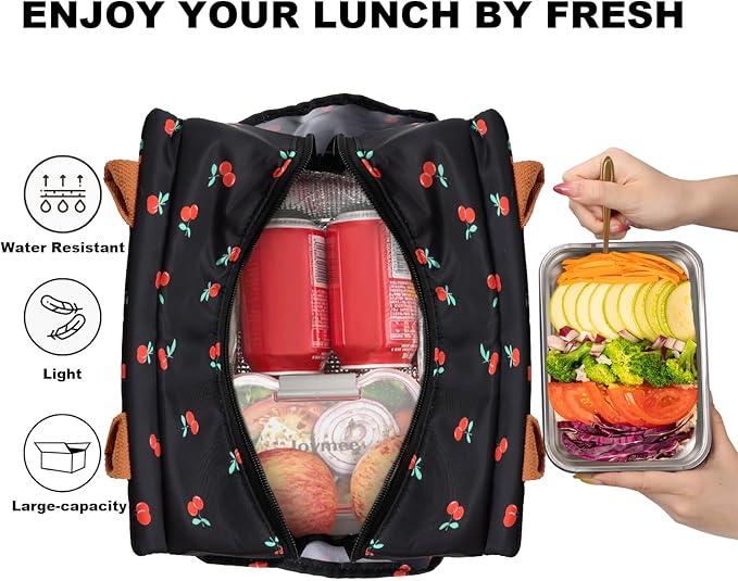 Joymee Lunch Bag Women Insulated Lunch Box Reusable Leakproof Large Spacious Cooler Tote for Women Men Adult with Bottle Holder and Side Pockets for Work Office Travel Picnic - Cherry