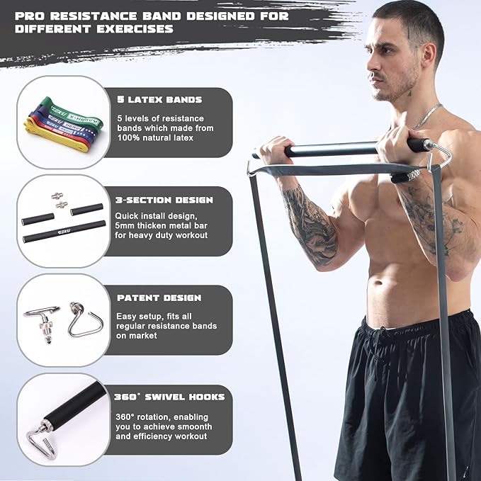Resistance Band Bar, Length-Adjustable Detachable Heavy Duty Workout Bar for Resistance Band Training, Core Muscle Training, Home & Ourdoor Workout, Max Load 800 Lbs
