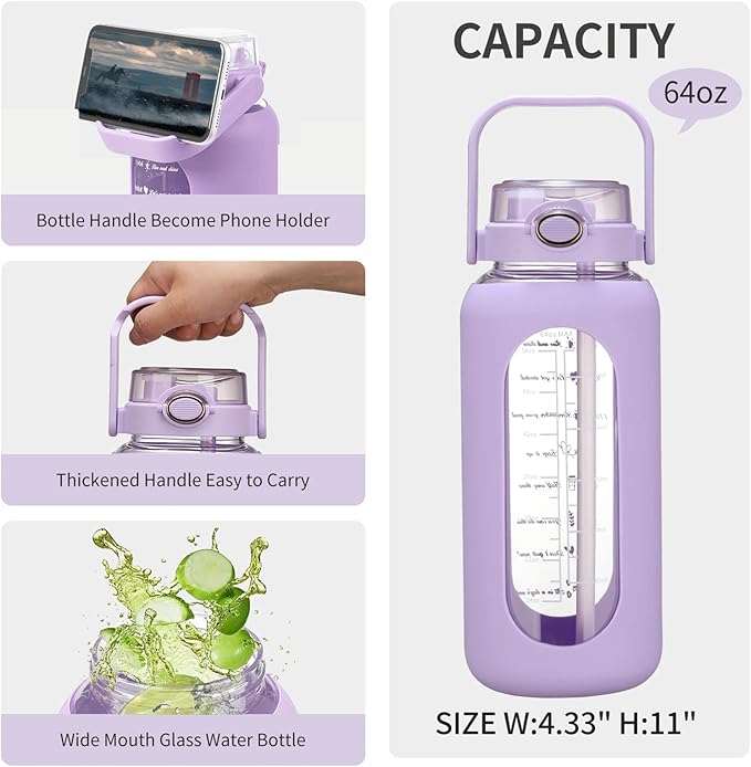 64oz Glass Water Bolttles with Straw Half Gallon Large Motivational Water Bottle with Time Marker Sports Water Bottles with Silicone Sleeve and Handle Lid Water Jug for Gym Workout