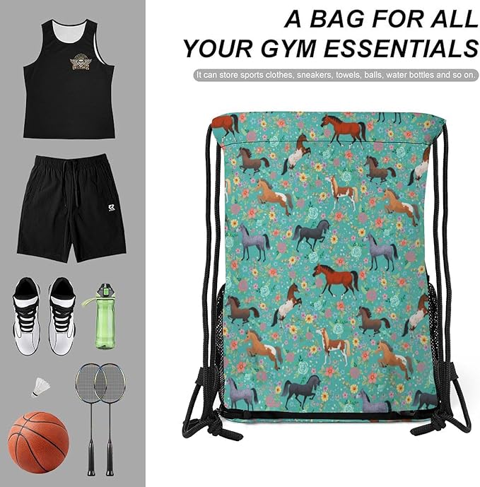 Horse Flower Drawstring Backpack Gym Bag With Shoe Compartment String Bag Sport Beach Swimming Sackpack For Women Men