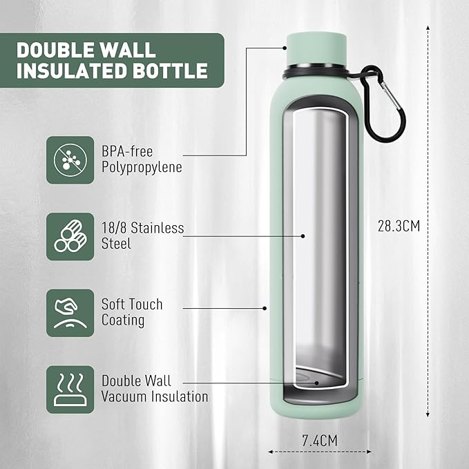Slim Insulated Water Bottles for Travel 25oz with Clip, Double Wall Vacuum Stainless Steel Water Bottle Keeps Drinks Cold 24 Hrs/Hot 12 Hrs, 100% Leakproof, BPA Free(Mint)