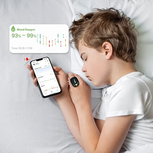 Children Pulse Oximeter KidsO2 Ring, Continuous Kids O2 Sat Monitor Finger for Oxygen with Audible Reminder, Rechargeable Pulse Ox Tracking Child's Blood Oxygen Saturation & Pulse Rate for 3~10 Years Old Kids, with App & PC Chart Report