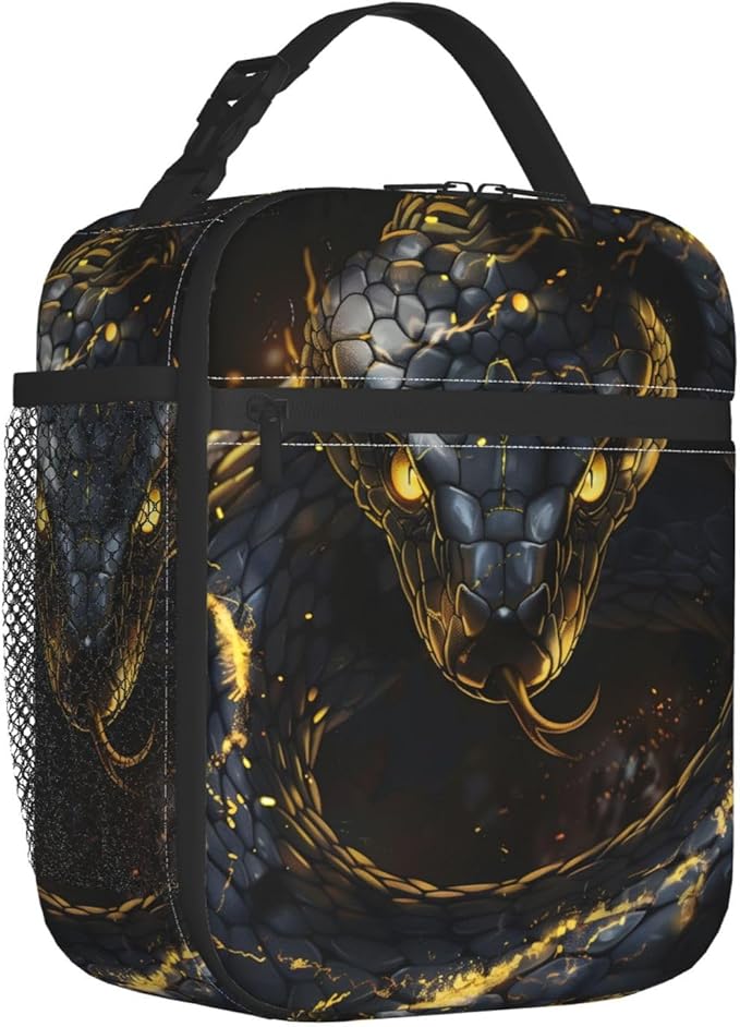 Fierce Snake Lunch Box for Women Adults Kids, Insulated Cooler Polyester Glowing Gold Accents Lunch Bag for Picnic, School, Office, Travel, Work, Portable Reusable Tote Thermal Lunch Bags