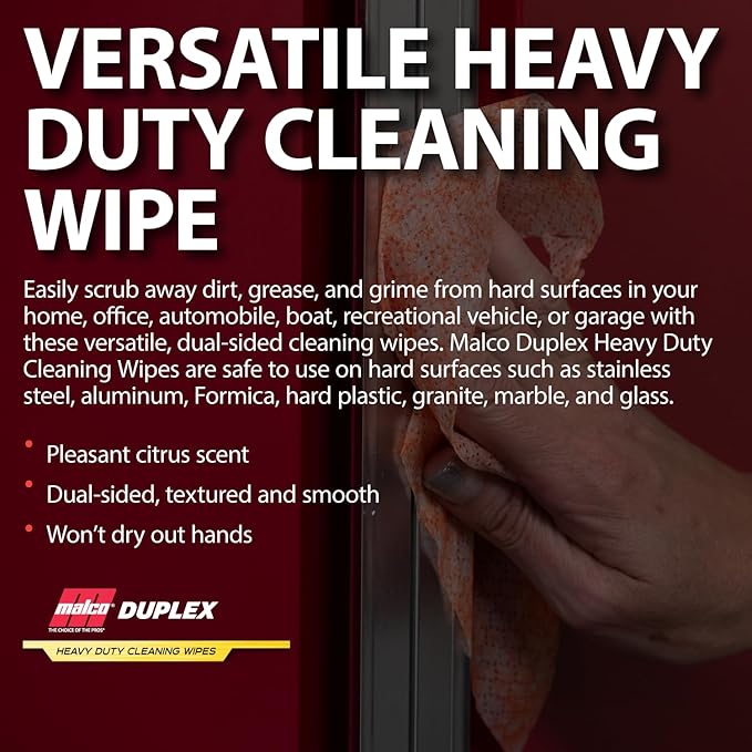 Malco Duplex Heavy Duty Cleaning Wipes for Home and Auto - Dual Sided Textured, Wet Wipe/Removes Grease, Tar, Paint, Oil, Dirt/No Residue/Safe for Hands/Made in USA (130 Wipes)
