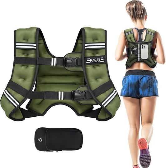 BAGAIL Weighted Vest, 5lbs/8lbs/10lbs/12lbs/15lbs/20lbs/25lbs/30lbs Weight Vest with Detachable Phone Pouch, Rucking Vest for Women, Men, Walking, Weight Loss, Training, Running