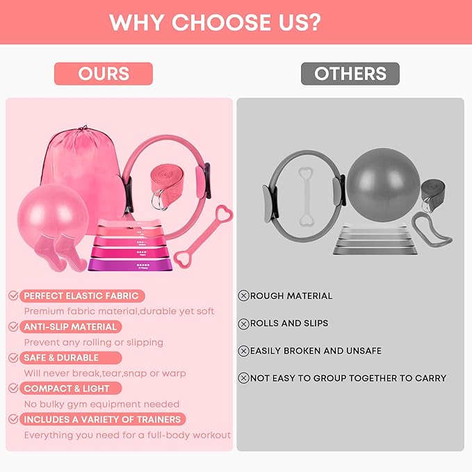 13 Pcs Pilates Essentials Kit for Women, Home Workout Equipment Set with 9.8” Ball, Magic Circle, Accessories, Perfect for Beginners to Toning & Fitness, Pink