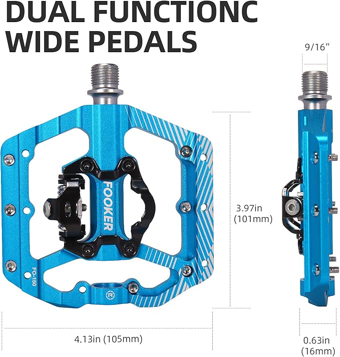 FOOKER MTB Mountain Bike Pedals 3 Bearing Flat Platform Compatible with Dual Function Sealed Clipless Aluminum 9/16" Pedals with Cleats for Road