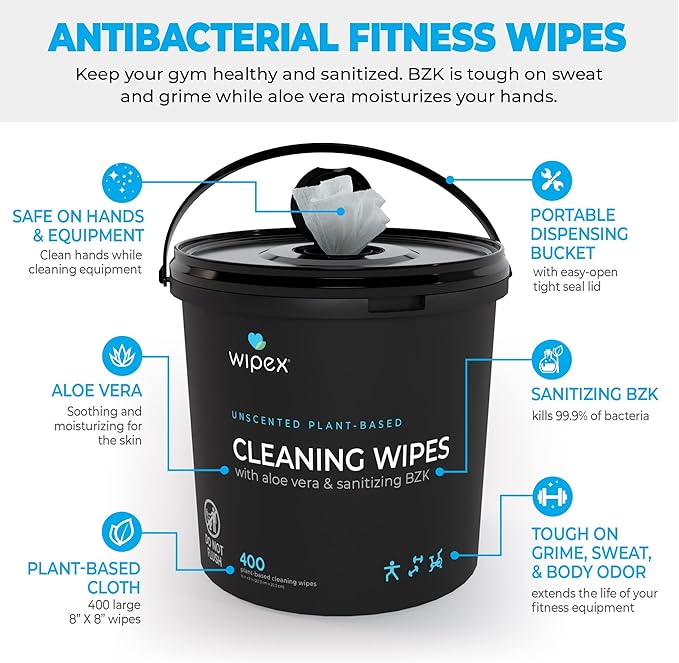 Wipex Gym Wipes Bundle - Get 2 Buckets (1) Lavender Plant-Based Fitness Equipment Wipes & (1) Sanitizing BZK for Skin, Great for Gyms, Yoga Studios, Home, Fitness Centers, 400 Ct (Pack of 2)