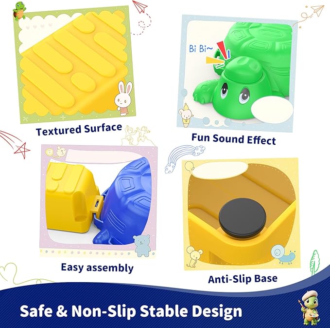 16 Pcs Balance Beam and Stepping Stones for Kids - 4 Turtle Shape Stepping Stones and 12 Connectable Beams with Sound Feature,Color Spinner, Riddle Cards, Fun Balance Training and Obstacle Course