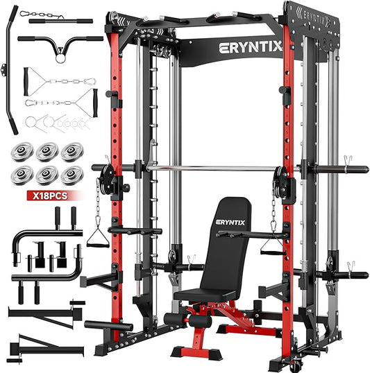 Smith Machine Power Rack, Eryntix All-in-One Power Cage with Cable Crossover, Squat Rack, LAT Pulldown & Pull-Up Bar, 2600LBS Capacity Home Gym Equipment with 18 Attachments for Strength Training