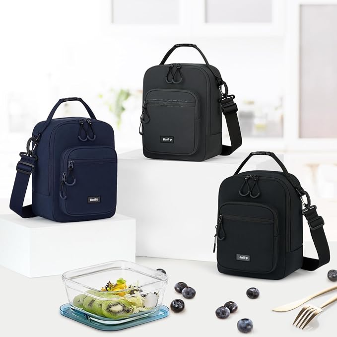 Insulated Lunch Bag with Adjustable Shoulder Strap, Lunch Box for Women Men, Reusable Portable Lunchbox for Office Work Picnic (Black)