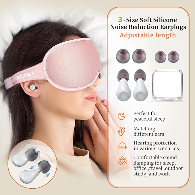 Sleep Eye Mask 3D Contoured Cup Soft and Gentle, Breathable, Comfortable for Side Sleeping, Travellers, Yoga, Men, Women, Adjustable, with Silicone Ear Plugs for Sleeping Noise Reductions