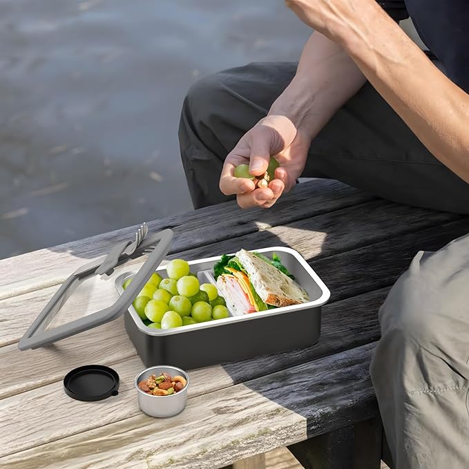Stainless Steel Bento Box for Adult, 42oz Leak-Proof Lunch Box Containers with Adjustable Divider, Microwave-Safe, Metal Lunchbox with Glass Lid for Work Travel, Black
