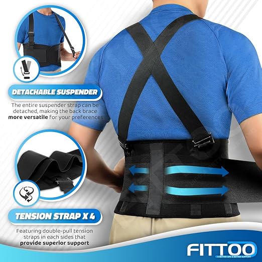 FITTOO Back Brace with Removable Suspenders & Lumbar Pad for Back Pain Relief, Heavy Lifting Support, Moving and Warehouse Jobs, Lower Back Pain Protection Belt for Men & Women in Construction