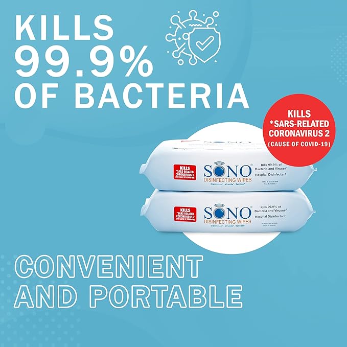 SONO Disinfecting Wipes - 160 Count (Pack of 2) + Sanitizer, Medical-Grade, Alcohol-Free, No Bleach, Gentle & Effective Multi-Surface Cleaning Solution, Larger Sheets
