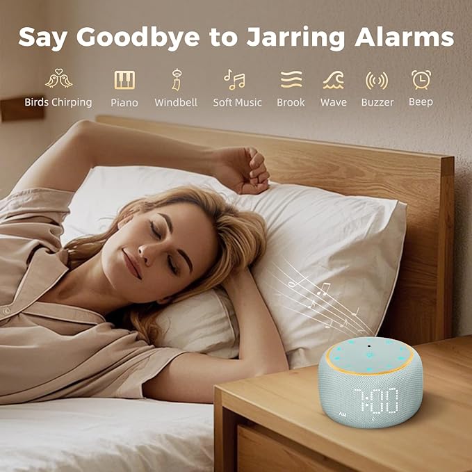 White Noise Machine Alarm Clock: Auto-Dimmable Clock for Bedrooms - 5W Stereo Bluetooth Speaker - Sound Machine with 24 Sleep Sounds for Adults Kids
