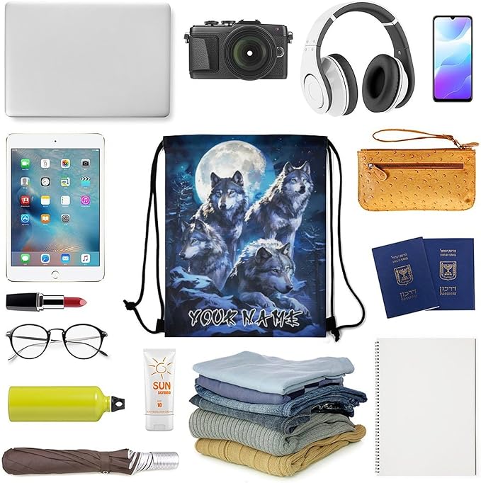 Custom Wolf Drawstring Backpack - Cute Cinch Sack, String Backpacks for Women Men Kids Boys Girls for Gym Outdoor Sports Travel Athletic Drawstring Bag - Lightweight/Foldable