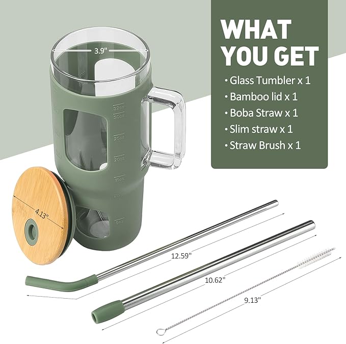 Glass Tumbler with Straw and Lid, 32 oz Glass Cup with Handle, Glass Water Bottles with Time Marker, 2 Straws - Pearl Straw & Drinking Straw Silicone Protective Sleeve-Olive