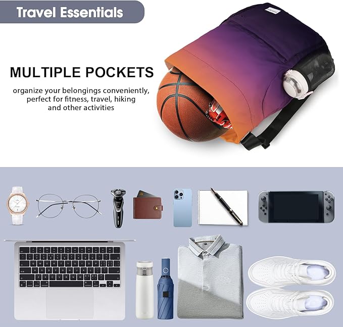 Drawstring Backpack Sports Gym Sackpack with Mesh Pockets Water-Resistant String Cinch Beach Bag for Men Women(Orange Purple)