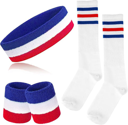 ONUPGO 5 Pieces Sweatbands Striped Socks Set Sports Headband Wristbands High Tube Socks 80s Accessories Costumes
