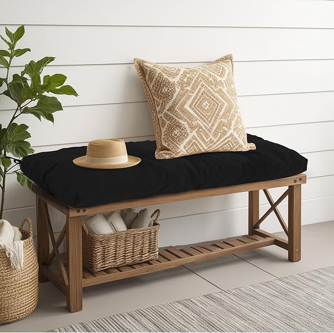 Outdoor Bench Cushion Waterproof, Tufted Bench Seat Cushion 42 x 15 Inch, Patio Wicker Indoor Seat Pads for Outside Garden Patio Balcony, Black