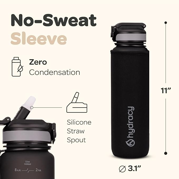 Hydracy Water Bottle with Time Marker -Large BPA Free Water Bottle & No Sweat Sleeve -Leak Proof Gym Bottle with Fruit Infuser Strainer & Times to Drink -Ideal for Fitness Sports & Outdoors