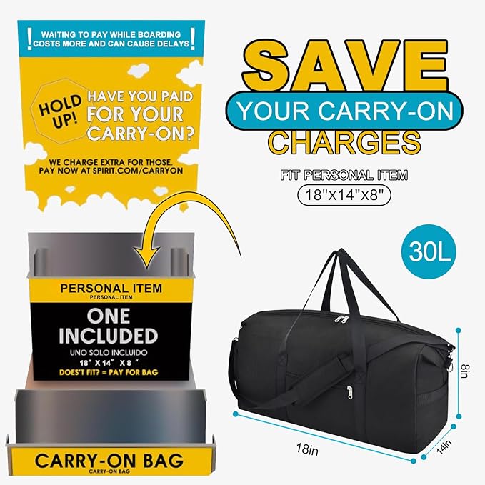 For Spirit Airlines Personal Item Bag 18x14x8, Foldable Small Travel Duffel Bags Gym Duffle Weekender Overnight Carry on Luggage Bag with Wet Pocket & Shoe Compartment for Women Men(Black, 30L)