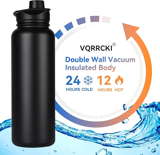 40 oz Insulated Water Bottle with Straw, Stainless Steel Sports Water Bottles with 2 Lids (Straw and Wide Mouth lid), Double Wall Vacuum, Leakproof, BPA-Free, Black