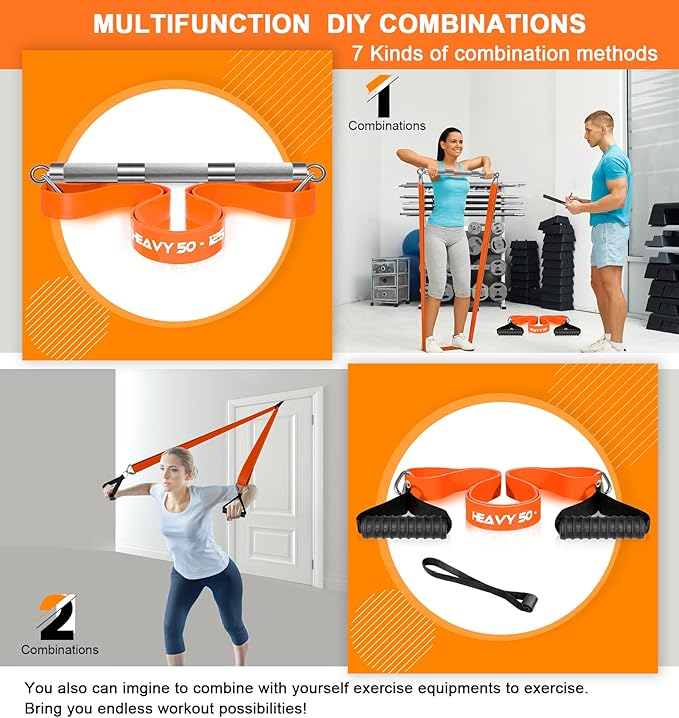 DASKING Resistance Band Bar Set for Home Gym, 500LB Total Resistance with Longer Bar & 4 Stackable Bands, Detachable for Full Body Workouts, Door Anchor, Exercise Guide