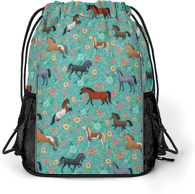 Horse Flower Drawstring Backpack Gym Bag With Shoe Compartment String Bag Sport Beach Swimming Sackpack For Women Men