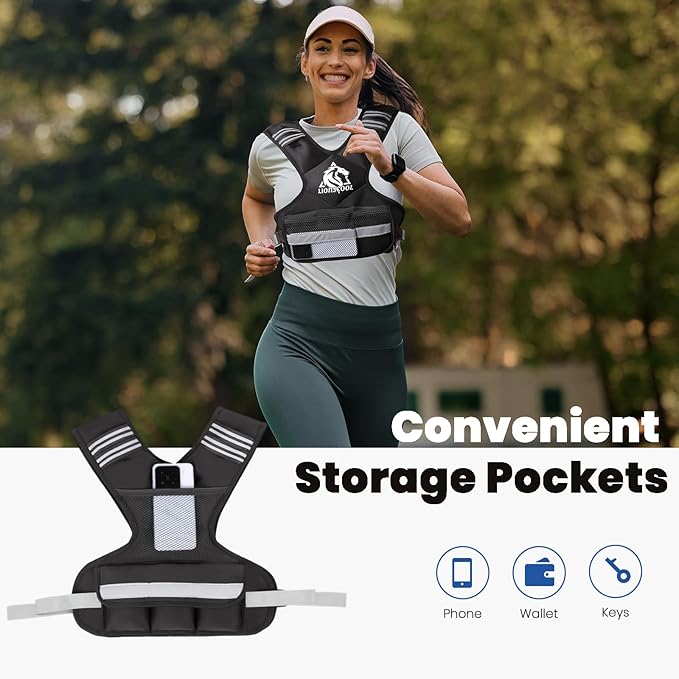 LIONSCOOL Weighted Vest for Men and Women, 4-10LB/11-20LB/20-32LB Adjustable Body Weight Vest with 6 Ironsand Weights & Reflective Stripes for Weight loss, Walking, Running, Cardio and Strength Training