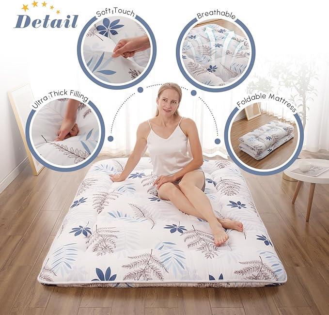 Japanese Floor Mattress, Futon Mattress with Portable Storage Bag and Washable Cover, Roll Up Thick Tatami Mat Suitable for Camping, Guest Room, White Leaf, Queen