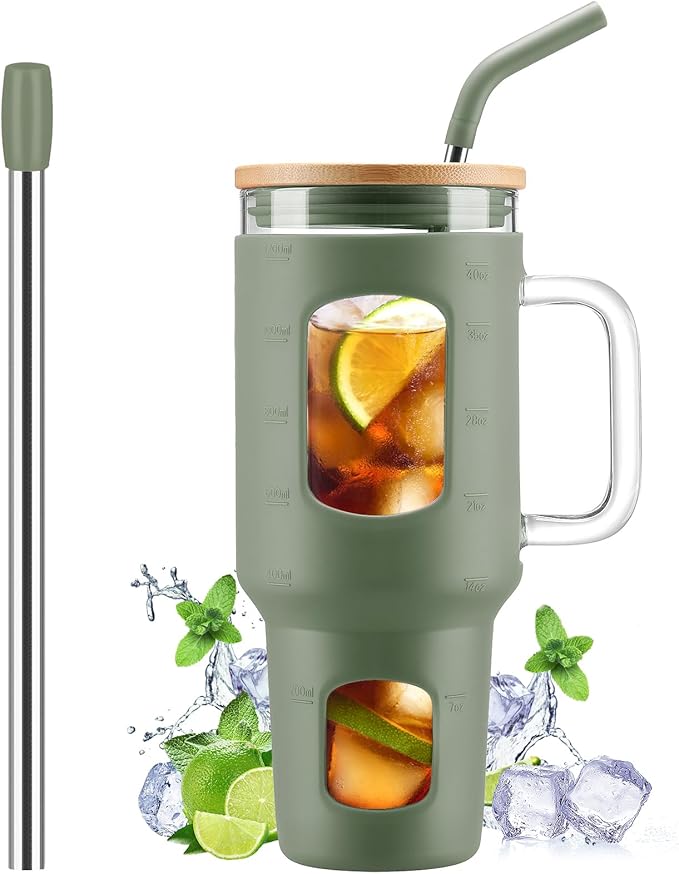 Glass Tumbler with Straw and Lid, 40 oz glass cup with handle, Glass Water Bottles with Time Marker, Silicone Protective Sleeve-Olive