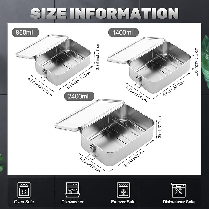 Umigy 3 Pcs Stainless Steel Food Containers Metal Bento Lunch Box Stainless Steel Food Storage Containers, Lockable Clips to Leak Proof, Reusable Dishwasher Snack Boxes for Work, Picnic (3 Sizes)