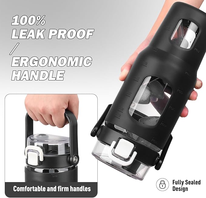 BLUEGO 32oz Glass Water Bottles with Straw Time Marker Half Gallon Large Motivational Water Bottle with Silicone Sleeve 2 Liter Large Glass Water Jug for Gym, Sports& Workout, Daily, Black