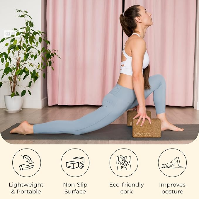 Cork Yoga Blocks 2 Pack | 9x6x3 Inch Natural Cork Block Set | High-Density Yoga Blocks for Stability & Support | Eco-Friendly Yoga Essentials