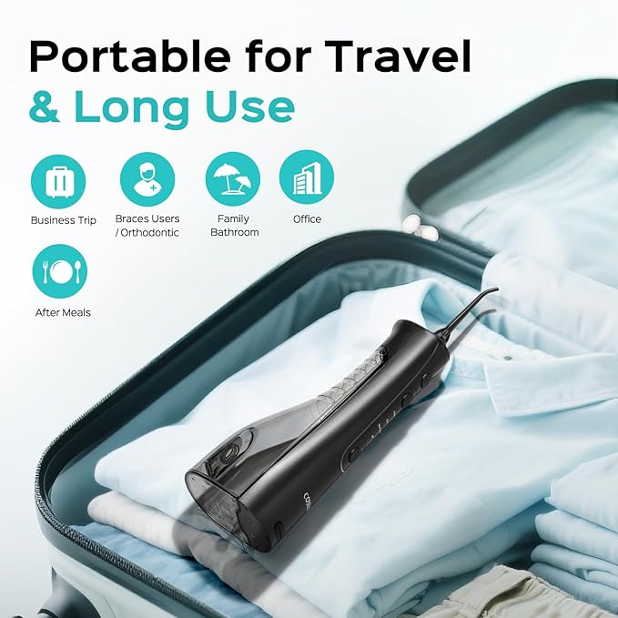 COSLUS Portable Water Flosser for Teeth: 4 Modes & 5 Intensity Levels Professional Electric Dental Pick for Sensitive Gums, Braces & Orthodontic - Cordless for Travel Use, for Adults, BPA-Free, Black