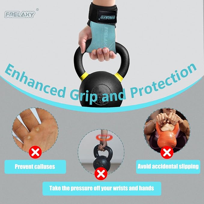 Frelaxy Lifting Wrist Straps Women and Men, Weight Lifting Grips with Cushion Wrist Loop, Double Layer Leather and Storage Pouch, Gym Workout Straps for Deadlift and Powerlifting