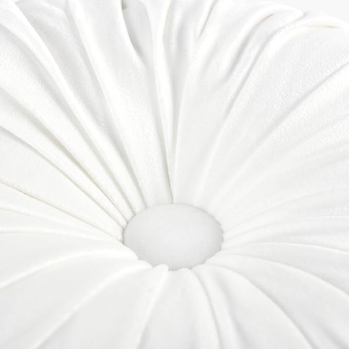HIG Set of 2 Decorative Round Pleated Throw Pillows, Classy Accent Pumpkin Throw Pillows with Center Button, Vintage Velvet Floor Pillows for Sofa Vanity Chair Bed, White, 14.5" Diameter(Ripple)