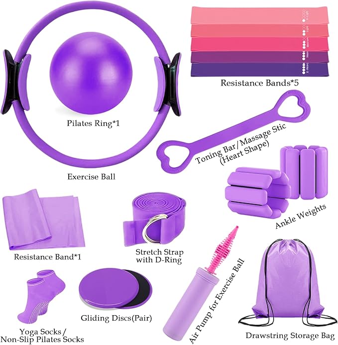 Pilates Kit for Home Workouts – Pilates Equipment Set with Ring, Ball, Resistance Bands, Pilates Accessories, Pilates Essentials Kit for Women, Yoga & Workout Sets, Pilates Sets for Home Exercise