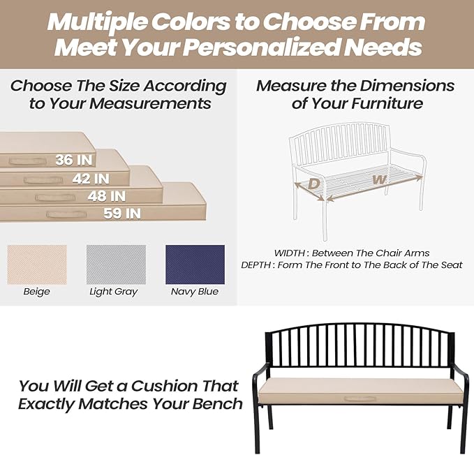 Crestlive Outdoor Bench Cushion 59 x 18 Inch, Waterproof Patio Furniture Cushions, Fade-Resistant Porch Swing Replacement Pad, Adjustable Straps and Handle, Beige