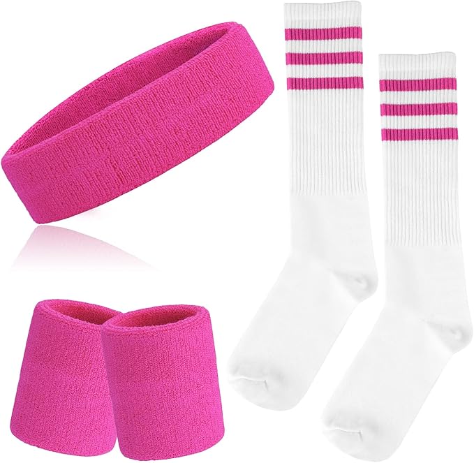 ONUPGO 5 Pieces Sweatbands Striped Socks Set Sports Headband Wristbands High Tube Socks 80s Accessories Costumes