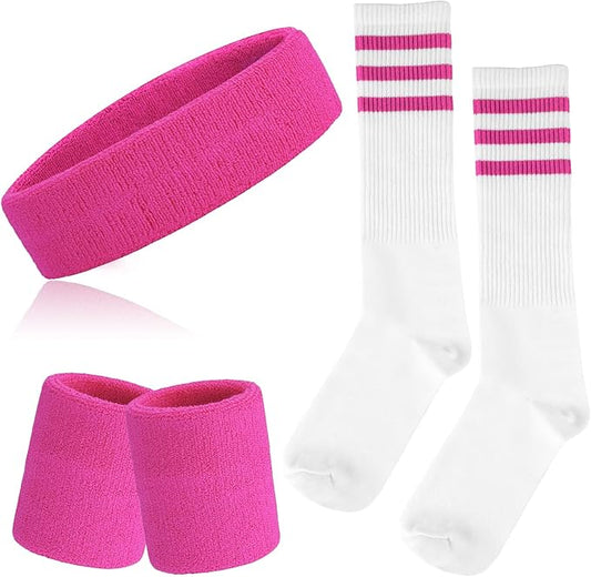 ONUPGO 5 Pieces Sweatbands Striped Socks Set Sports Headband Wristbands High Tube Socks 80s Accessories Costumes